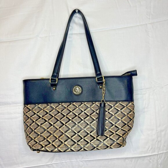 Anne‎ Klein Handbag Woven Purse Black Tan Shoulder Tote Bag Large - Picture 1 of 7